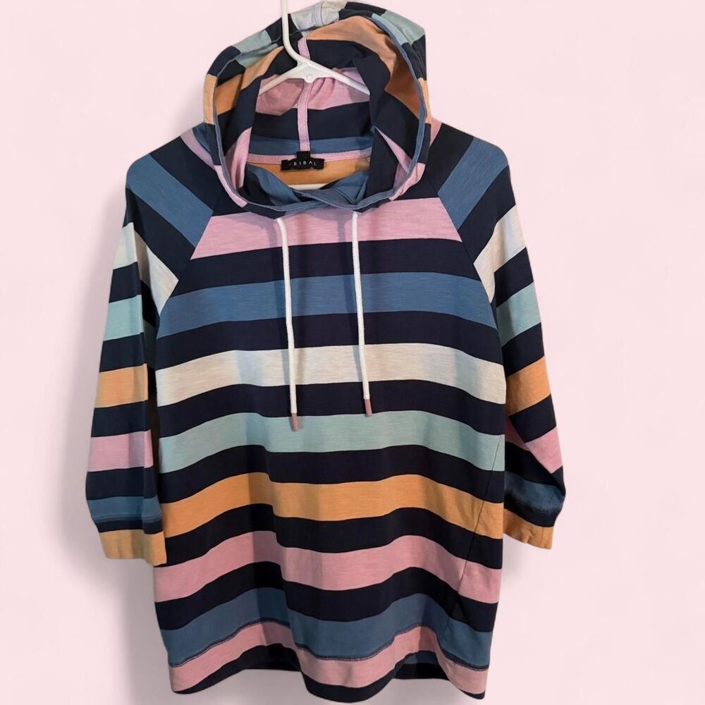 Tribal Fashions Multi Color Striped 3/4 Sleeve Hoodie Size Small P/S